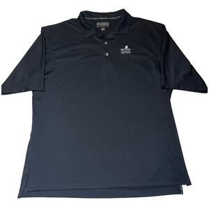 FJ Footjoy Men's Size XL Black Polyester Stretch Polo Golf Shirt River Oaks Logo